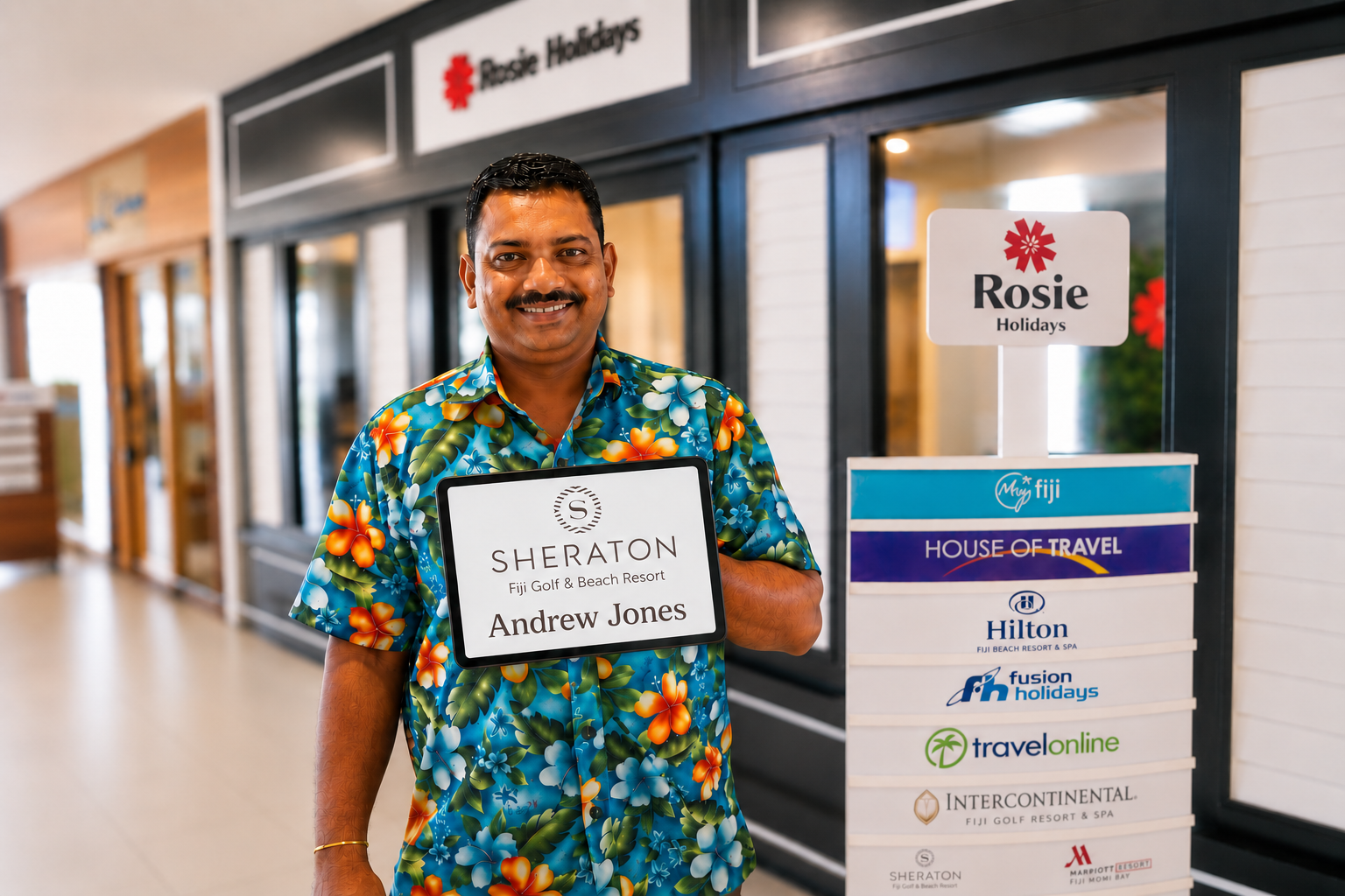 Rosie Holidays driver concierge with Sheraton welcome sign at Nadi Airport